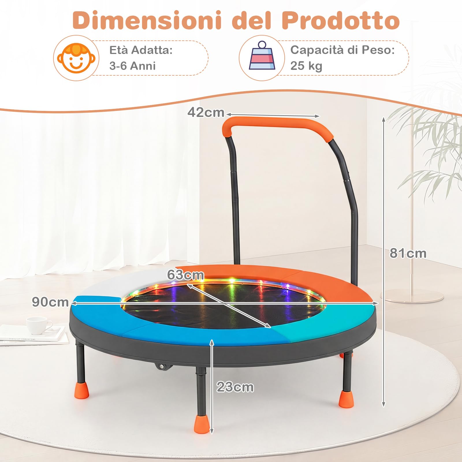 COSTWAY Trampolino per Bambini con Luci, Tappeto Elastico Pieghevole da Interno ed Esterno con Maniglia in Schiuma, Copertura Imbottita e Borsa, Trampolino per Bambini 3+ Anni