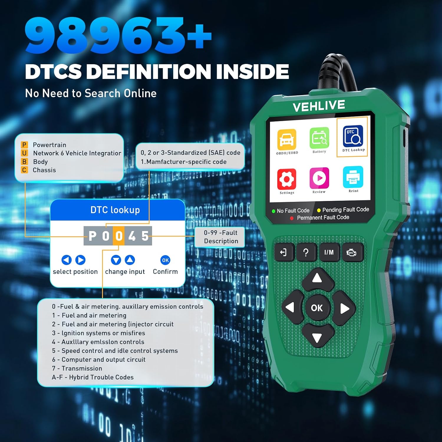 VEHLIVE V880 MOTO's DTC Lookup function showing a fault code and its description