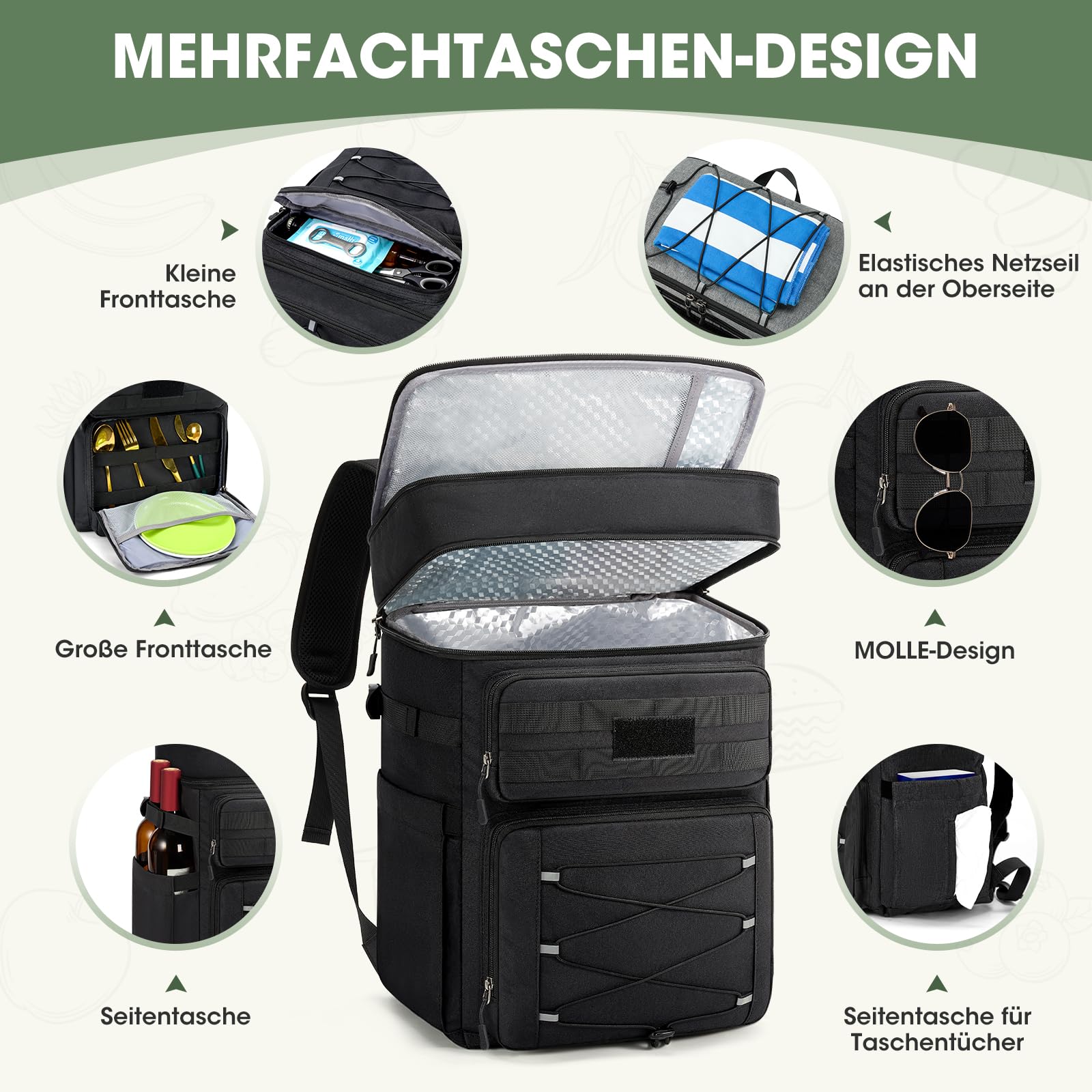 RAINSMORE Kühlrucksack 30L Auslaufsicher Groß Thermo Kühltasche Rucksack Doppeldeck Isolierter Picknickrucksack für Familie Outdoor BBQ Schwarz