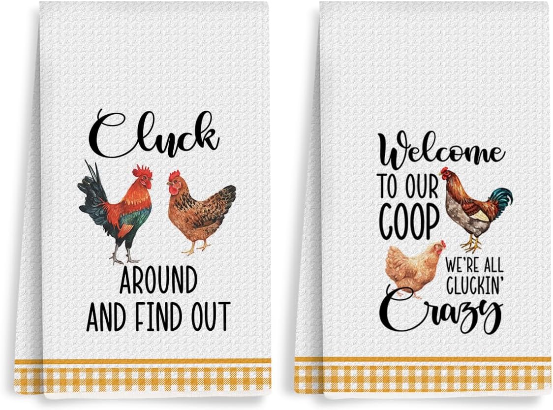 2Pcs Funny Kitchen Towels 24x14 Inch, Rooster Chicken Kitchen Decor Waffle Weave Hand Towels for Farmhouse, White Absorbent Microfiber Dish Cloth Tea Towel Chicken Gifts for Women Mom 5