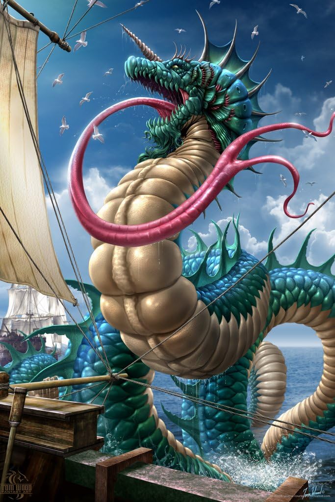 Leviathan Sea Monster Dragon by Tom Wood Fantasy Poster Attacking Ocean Ship Kraken Cool Wall Art Print Poster 12x18