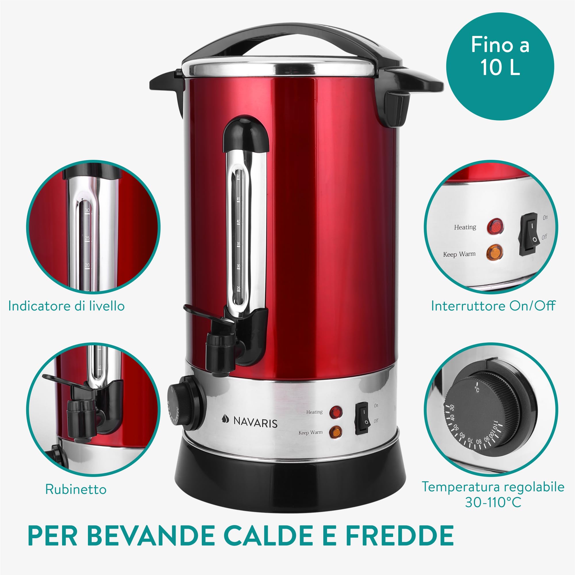 Navaris Pentola Bollitore 10l Vino Acqua - Dispenser Acqua Calda Vin Brulè Caffè - Distributore Elettrico Bevande Calde con Rubinetto - Rosso