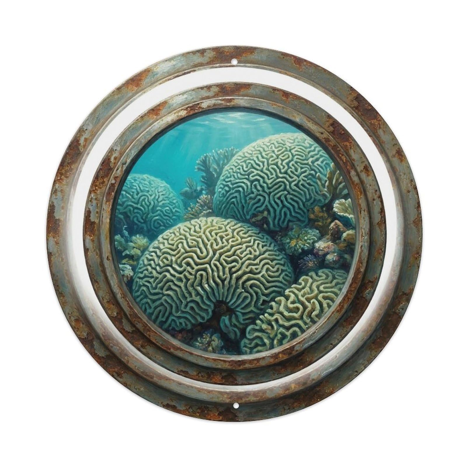 Vintage Porthole Maze Coral Pattern Ship Window Under Deep Metal Tin Sign