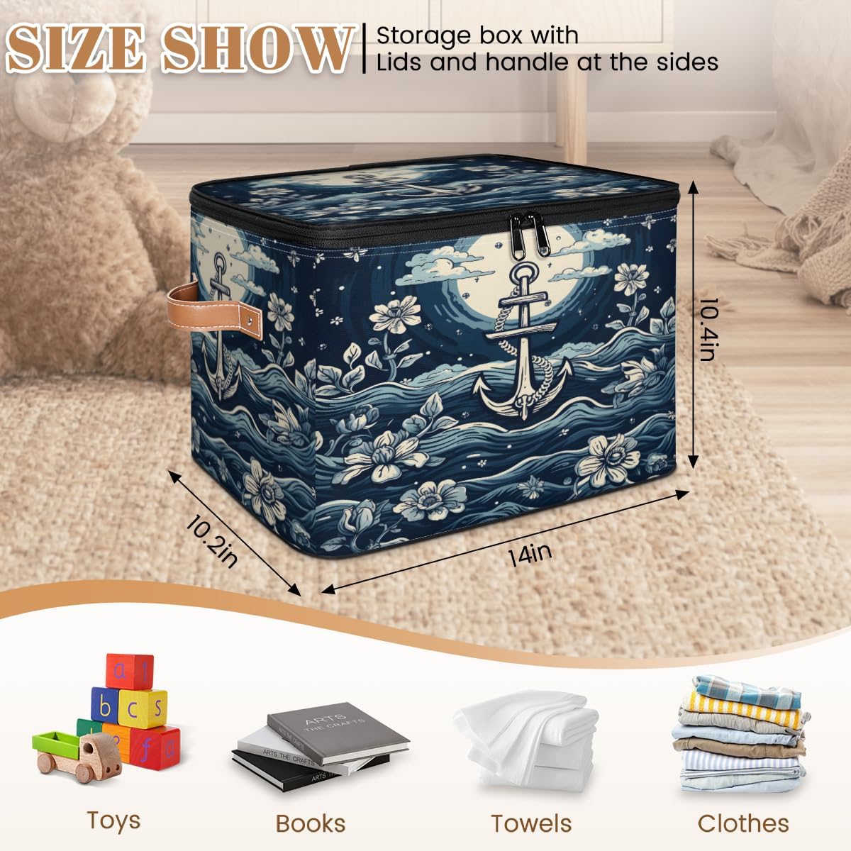 Storage Bin Set of 2 Ethnic Anchor Storage Basket with Zipper Lid & Handle Foldable Closet Shelf 2 Pack Cloth Organizer Basket Cube Bins Clothes Organizer for Nursery, Bedroom