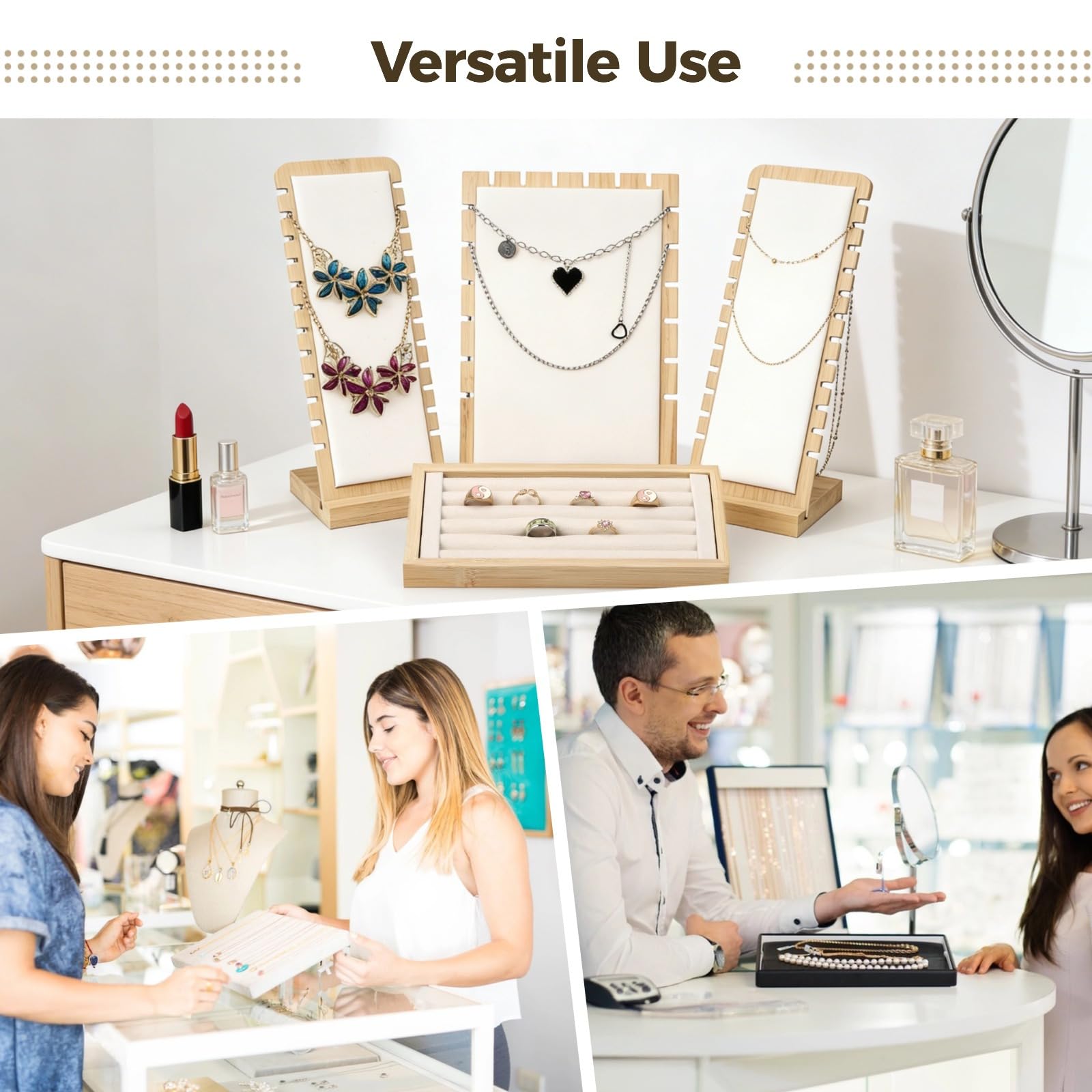 Juego de 4 soportes de exhibición de joyas de madera, soporte para collares con exhibición de anillos, tableros de exhibición inclinados, pulseras colgantes, organizador de cadenas para