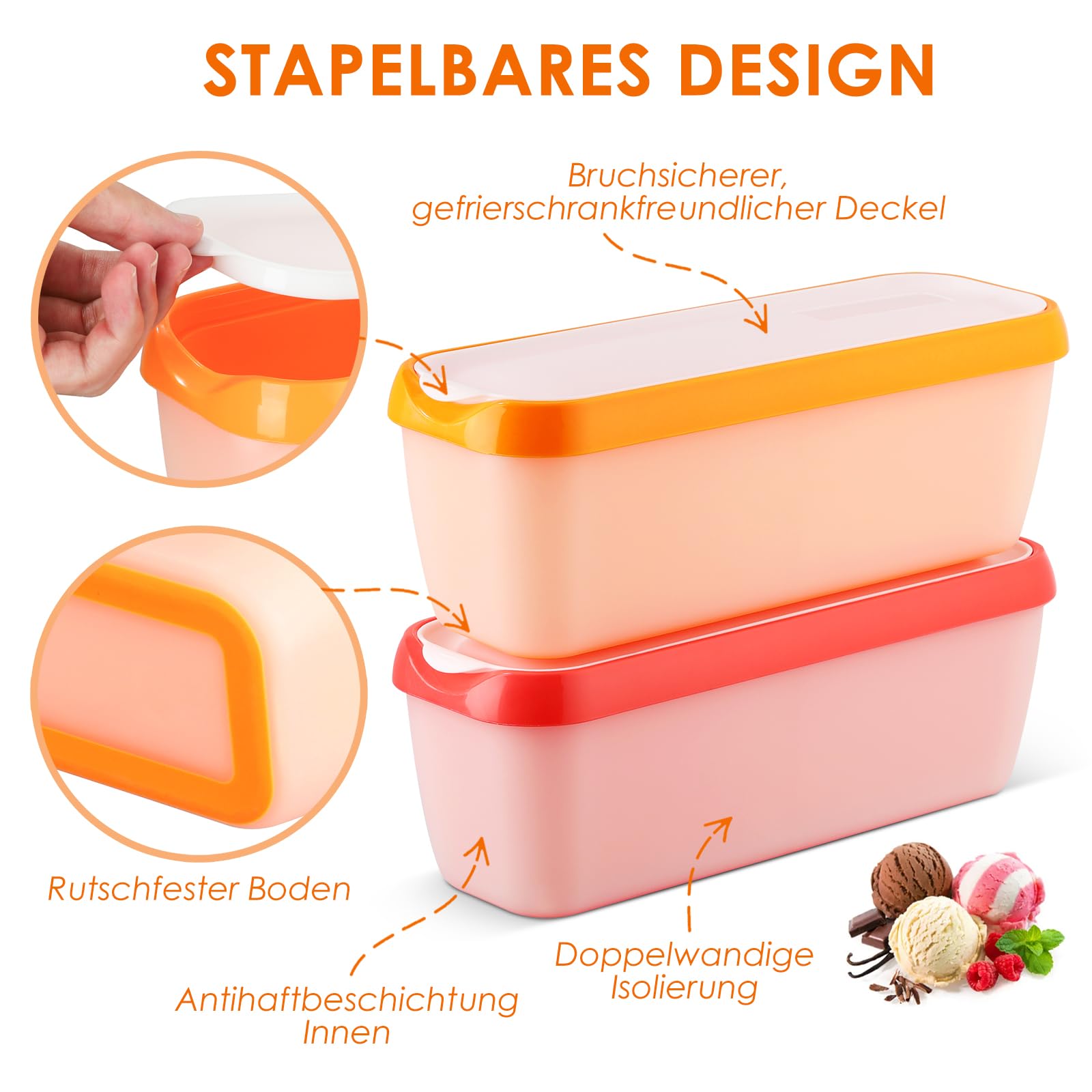 Eisbehälter für Speiseeis,BPA frei, 2er-Set Eisbehälter für Speiseeis 1.5 L, Wiederverwendbare Hausgemachte Eiscreme-Behälter mit Deckel, Für Selbstgemachtes Eis, Sorbets, Joghurt