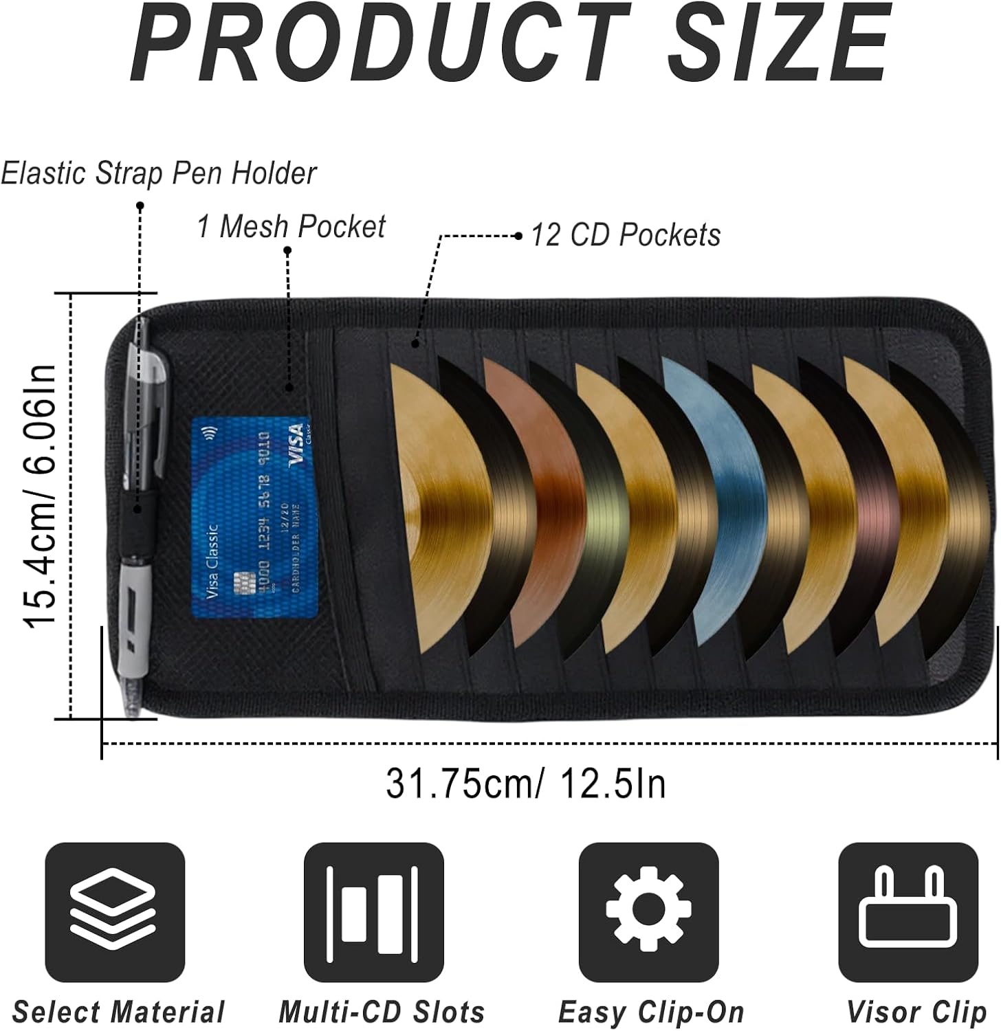 CD Holder for Car Visor, 12-Sleeve CD & DVD Case Holder, Mesh Pocket, Pen Organizer & Elastic Band, Universal Car Visor Organizer for Sunvisor Storage (Black)