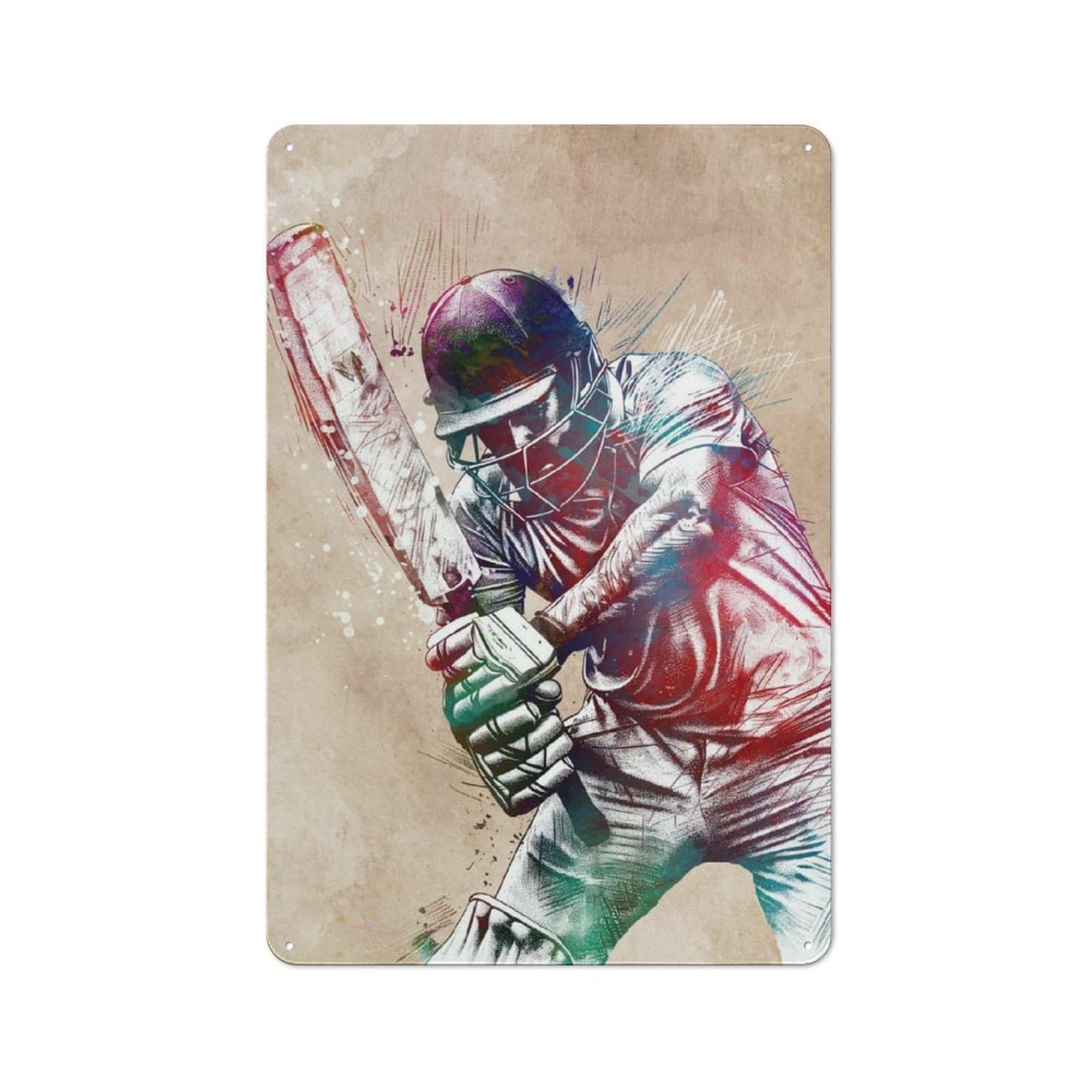 Junmoney Cricket Player Watercolor Art Tin Wall Plaque 30X20cm With For Café Or Home Bar, New-Space Wall Decor For Hospitality Decor Collectors
