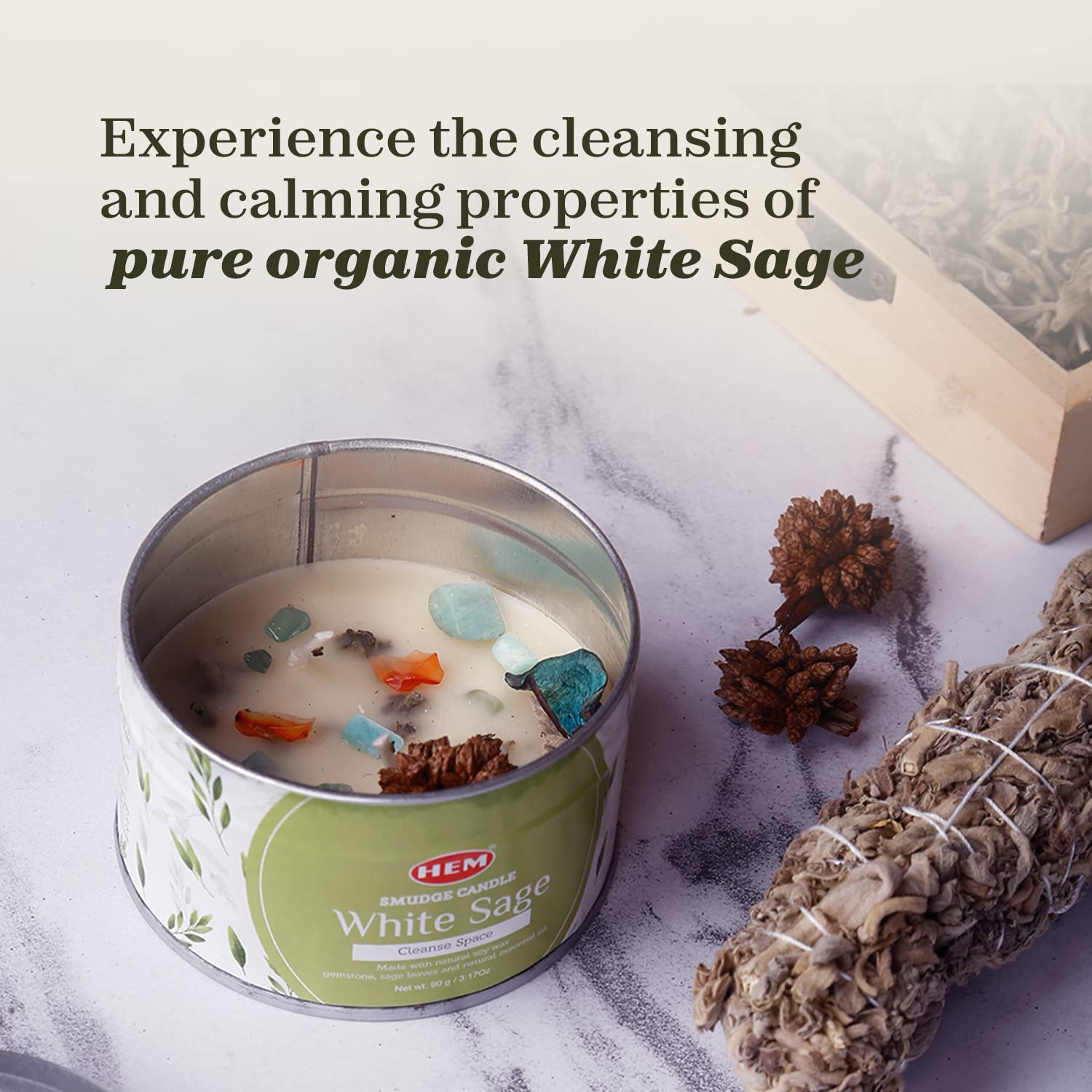 Sage Candles for Cleansing House - 9.5 Oz Natural Soy Candles with Crystals Inside & Sage Leaves | Earthy White Sage Candle for Smudging | Long Lasting 65 hrs Clean Burn, Perfect Spiritual Gift