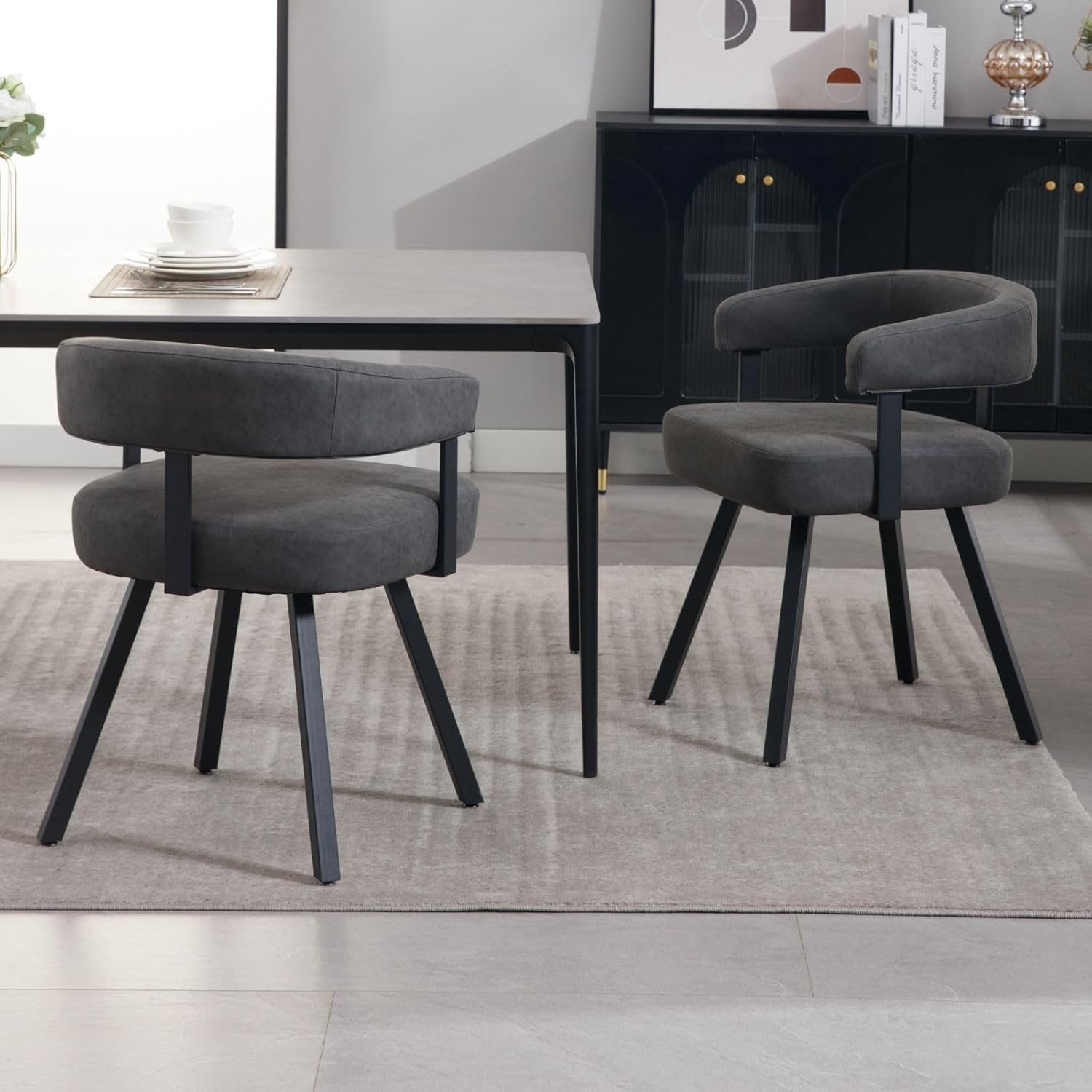 LukeAlon PU Leather Dining Chairs Set of 2, Simple Upholstered Side Chair with Padded Open Barrel Back Modern Guest Chair Home Office Desk Chair with Black Metal Legs for Kitchen Dining Room, Grey