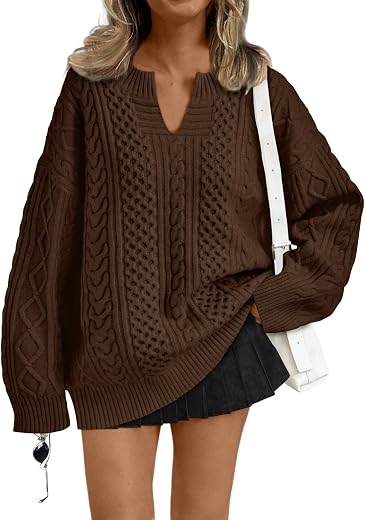 Trendy Queen V Neck Oversized Cable Knit Sweaters for Women Trendy 2026 Fall Fashion Outfits Clothes Winter Clothing
