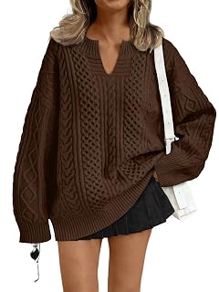 Trendy Queen V Neck Oversized Cable Knit Sweaters for Women Trendy 2026 Fall Fashion Outfits Clothes Winter Clothing