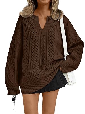 Trendy Queen V Neck Oversized Cable Knit Sweaters for Women Trendy 2026 Fall Fashion Outfits Clothes Winter Clothing