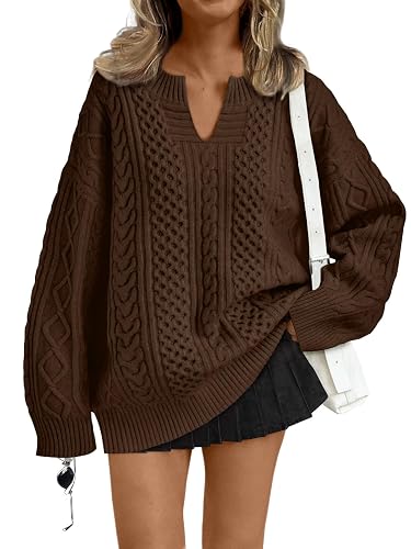 Trendy Queen V Neck Oversized Cable Knit Sweaters for Women Trendy 2025 Fall Fashion Outfits Clothes Winter Clothing