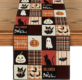 Artoid Mode 210 GSM Halloween Table Runner Home Party Decor 13x90 Inch | Black Cat Bat Pumpkin Spooky, Seasonal Kitchen Dining Table Decoration