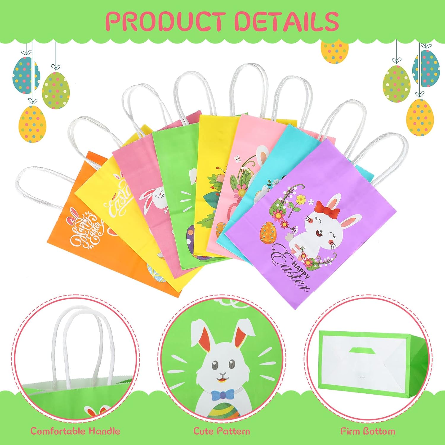 Eaasty 48 Pcs Easter Gift Bags Bulk, Easter Bunny Kraft Paper Treat Egg Hunt Candy Bags with Handle for Kids Party Supplies Favors Cookie Goodie Gift Wrapping