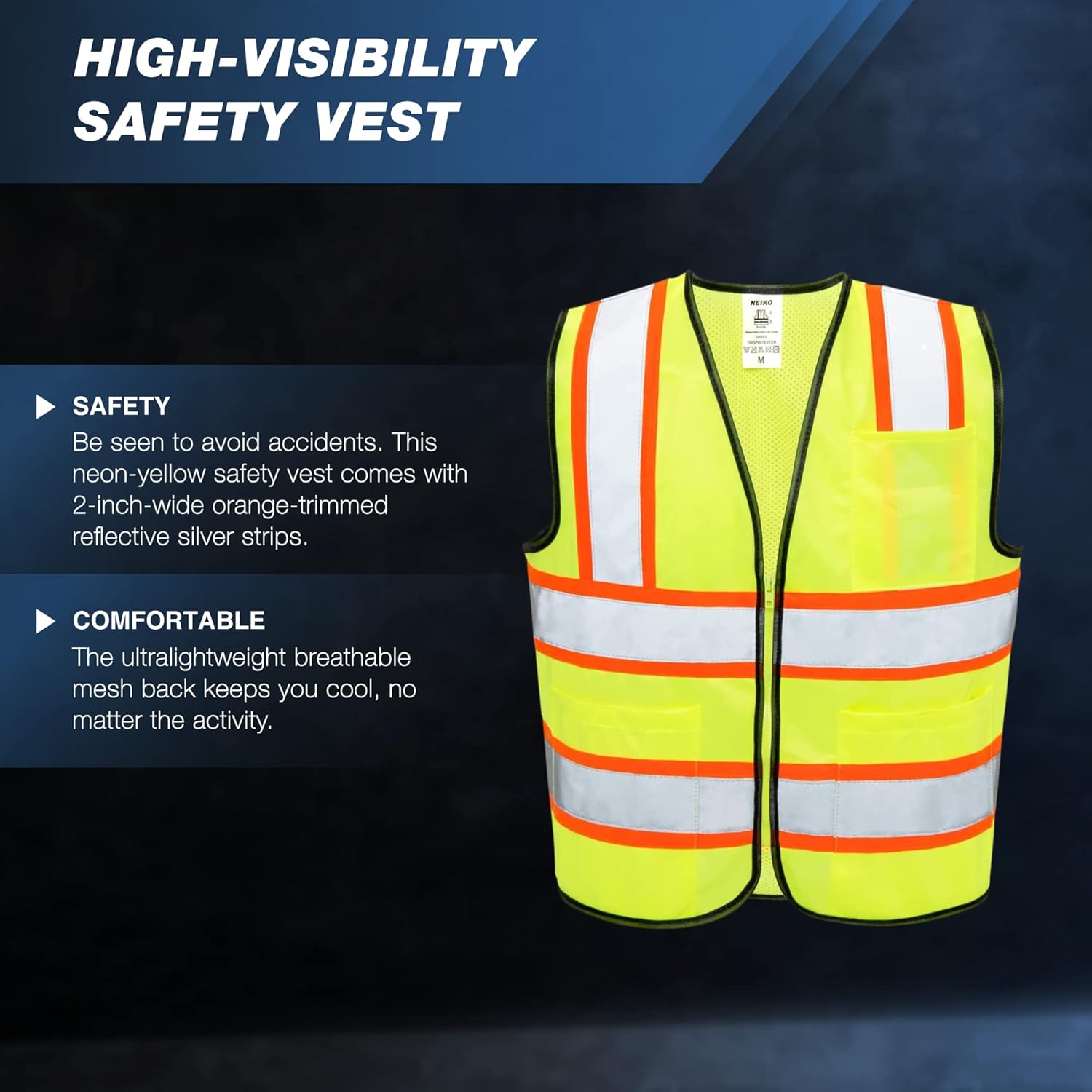 Neiko 53989A High Visibility Safety Vest with 3 Pockets and Zipper, Neon Yellow | Size M - - 