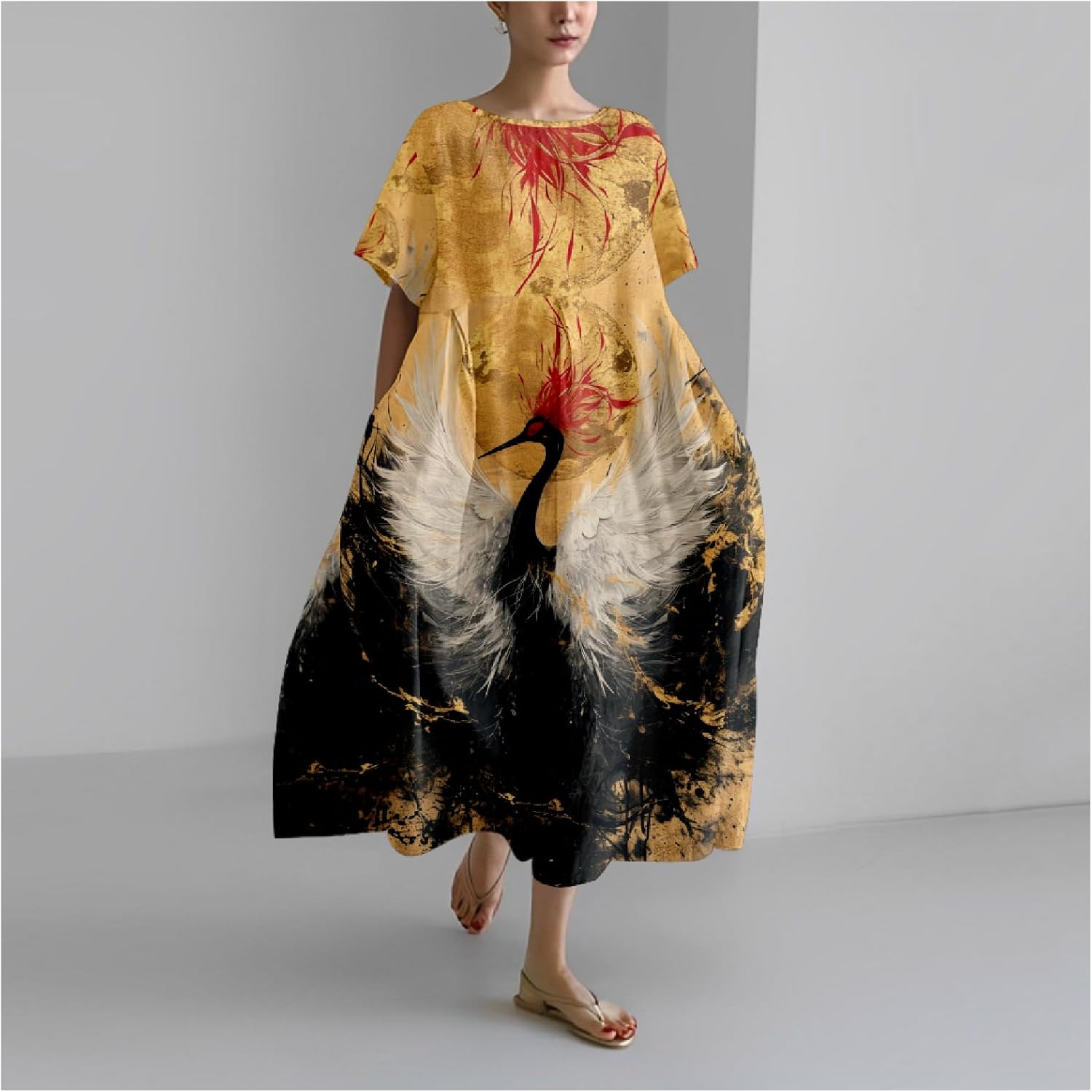 MARSVOVO Japanese Art Dress for Women 2024 Plus Size Vintage Ukiyoe Pattern Loose Fit Ruffle Hem Flower Dresses - Image 2