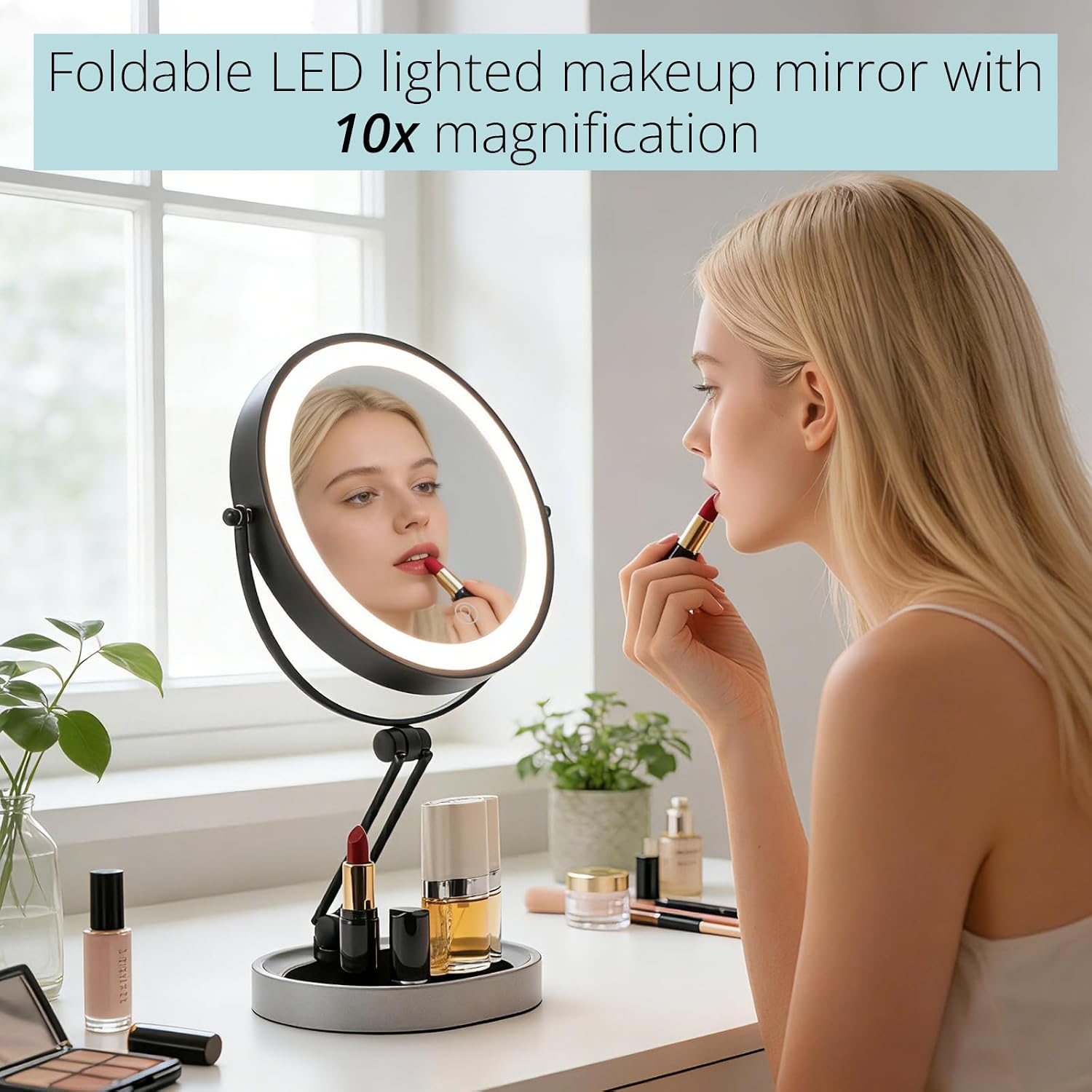Rechargeable Folding Makeup Mirror with 3 Color Lights,Touch Screen and Dimmable Settings,8'' Dual-Sided 1X/10X,360° Rotation Vanity Mirror with Jewelry Tray,Lighting Cosmetic Mirror (Matte Black)