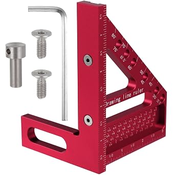 3D Multi-Angle Measuring Ruler - Small Carpenter Square Woodworking Tool, 45 and 90 Angles, Red Aluminum, Includes Angle Fixing Pin and Tool Set