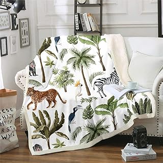 Kids Leopard Fleece Blanket Zebra Toucan Blanket Throw African Safari Animals Sherpa Blanket Tropical Palm Tree Leaf Jungle Wildlife Natural Fuzzy Blanket Bedroom Sofa Decor Throw 50
