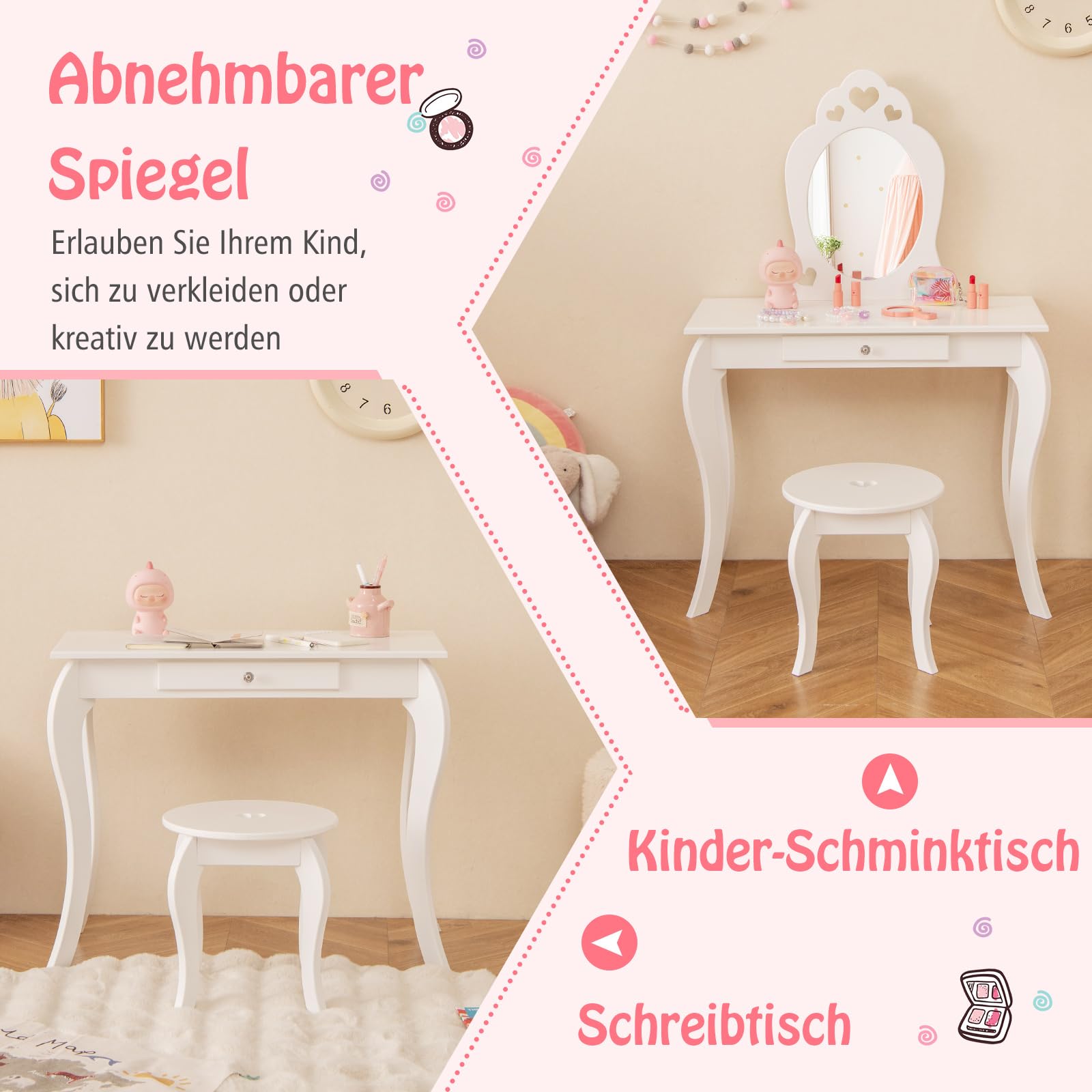 DREAMADE Schminktisch Kinder mit Hocker und Abnehmbarer Spiegel, Prinzessin Frisiertisch aus Holz mit Antikipp-Schutz, Kinderschminktisch für Kinder Mädchen (Weiß)