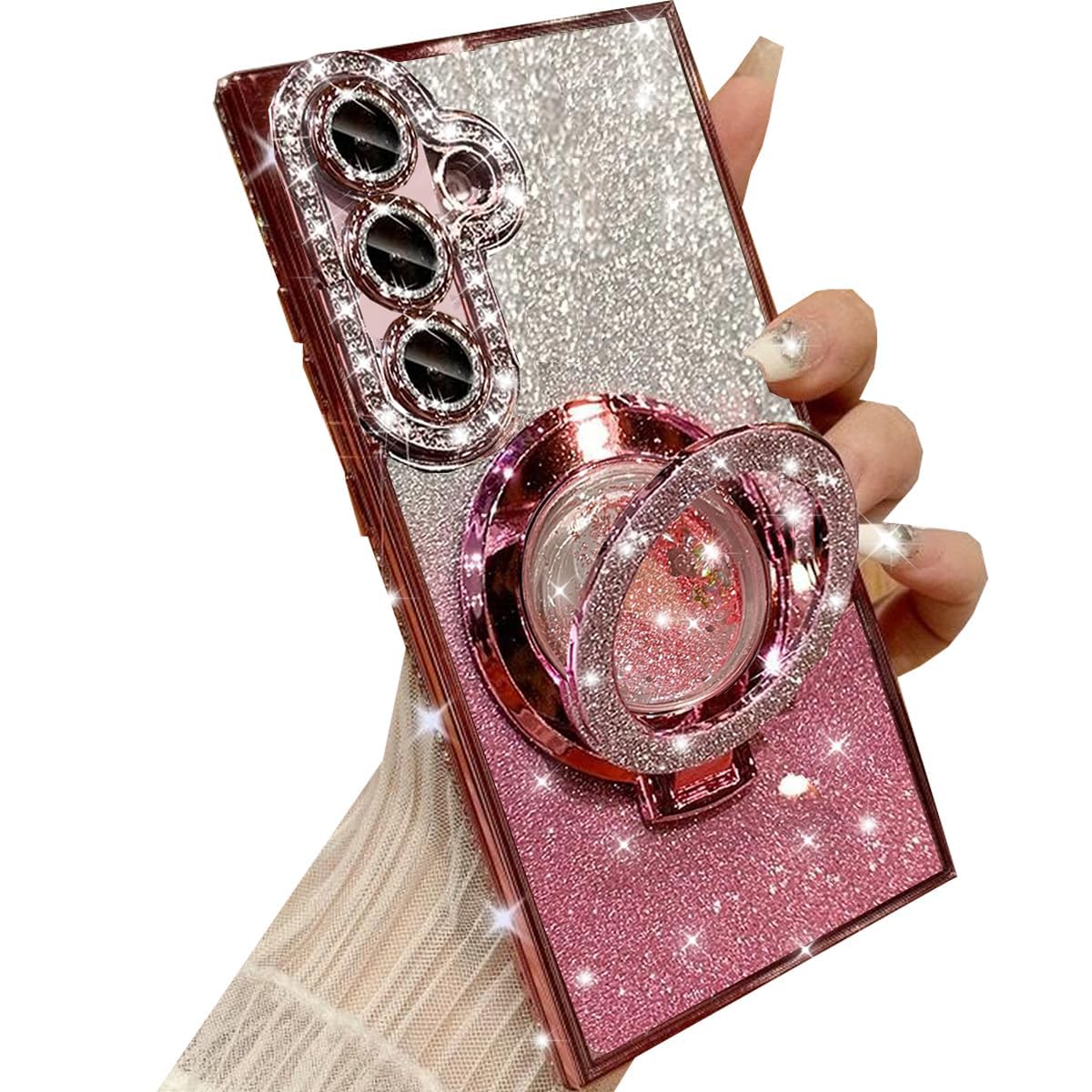 Changjia for Samsung Galaxy S24 Plus Glitter Kickstand Case,Luxury Bling Sparkly Diamond Rhinestone with Camera Protector Liquid Ring Stand Clear