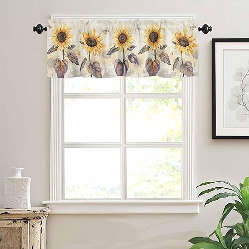 Cenefas para ventanas, cortinas de cocina con bolsillo para cortinero de girasoles de 42 x 12 pulgadas, cortinas cortas para cocina, bañodormitorio,