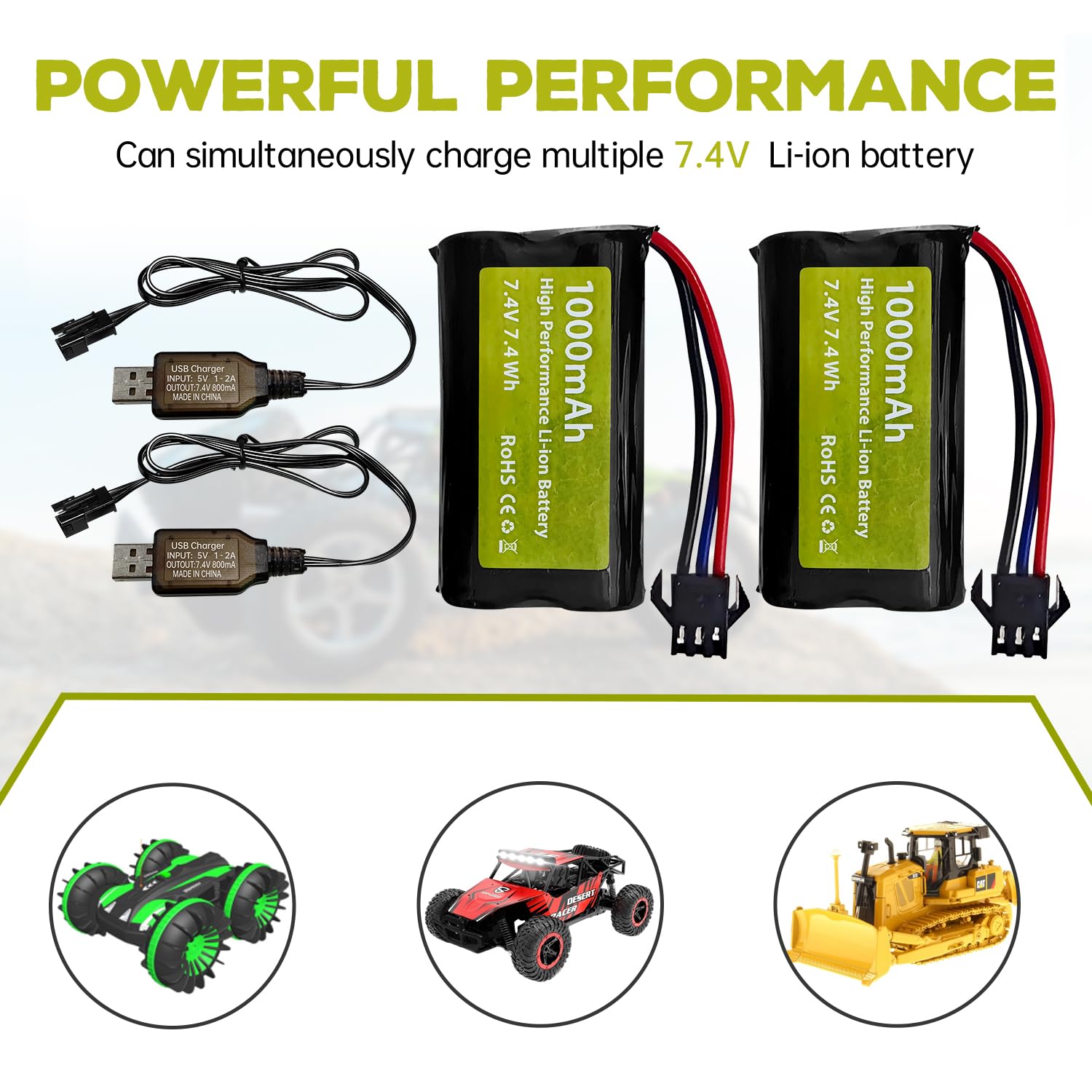 2PCS 7.4V 1000mah 2S Batterie Li-ION avec Prise SM-3P et 2PCS câble de Charge USB pour DE82 TK3086B G20601 RC Car TK-3082B Batterie pour Voiture de Cascade C60 Camion