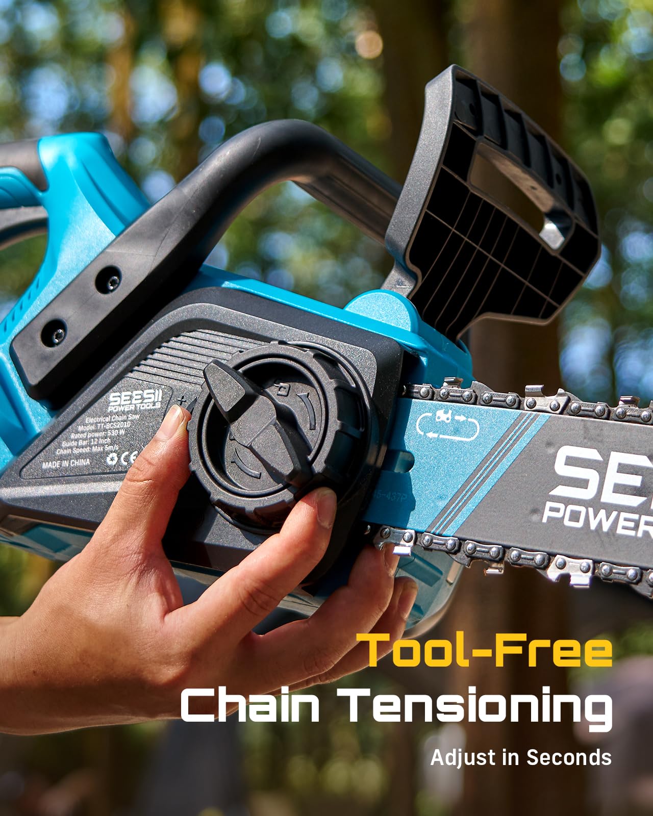 SEESII Motosierra eléctrica inalámbrica de 12 pulgadas, motosierras de mano con 2 baterías de 4.0 Ah, sierra de árbol con tensión de cadena sin herramientas, lubricación automática para cortar madera