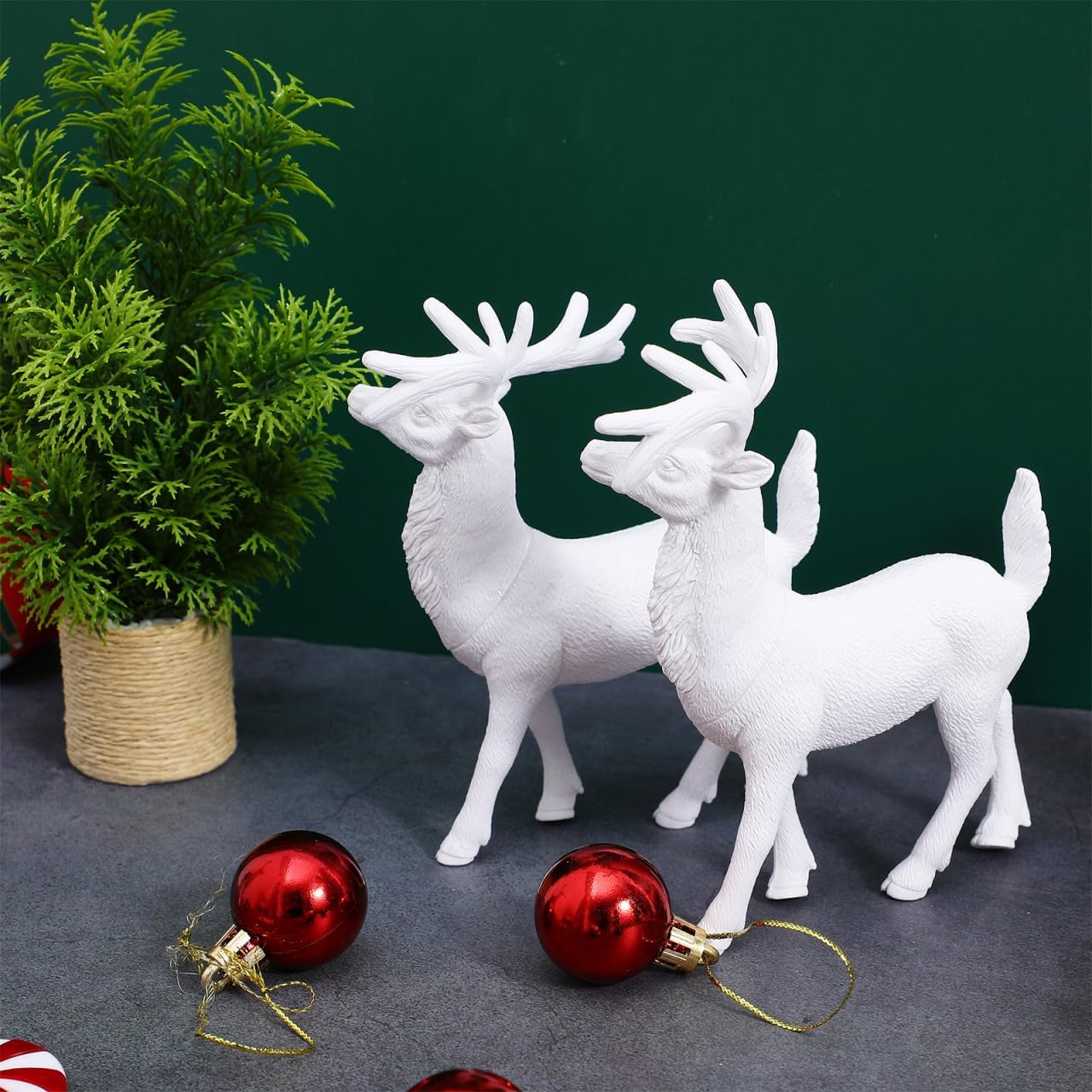 Cabilock 4Pcs Mini White Christmas Deer Ornaments 5.7 Inch Lifelike Reindeer Figurines Desktop Decor Xmas Decorative Accessory for Home Office Holiday Party