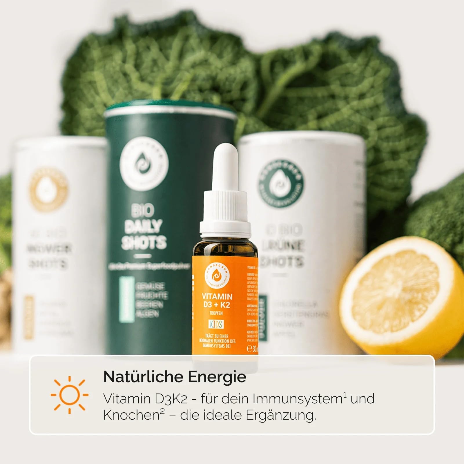 Hansegrün - 3x Vitamintropfen D3K2 Kids - 30ml - Trägt zu einer normalen Funktion des Immunsystems¹ & Knochen² bei - Nur 3 Zutaten - Vegan & ohne Zusatzstoffe - Optimale Aufnahme - Für 1000 Tage