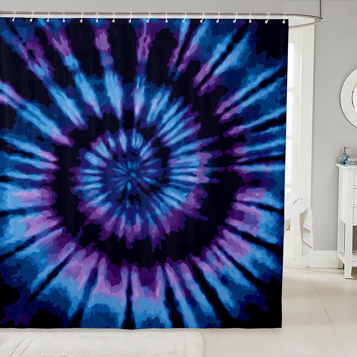 Boho Psychedelic Shower Curtain Blue Teal Tie Dye Purple Hippie Bath Curtain Hotel Home Dorm Bathtubs Decor Waterproof Shower Curtain Machine Washable Bathroom Sets Accessories 72" W x 78" L