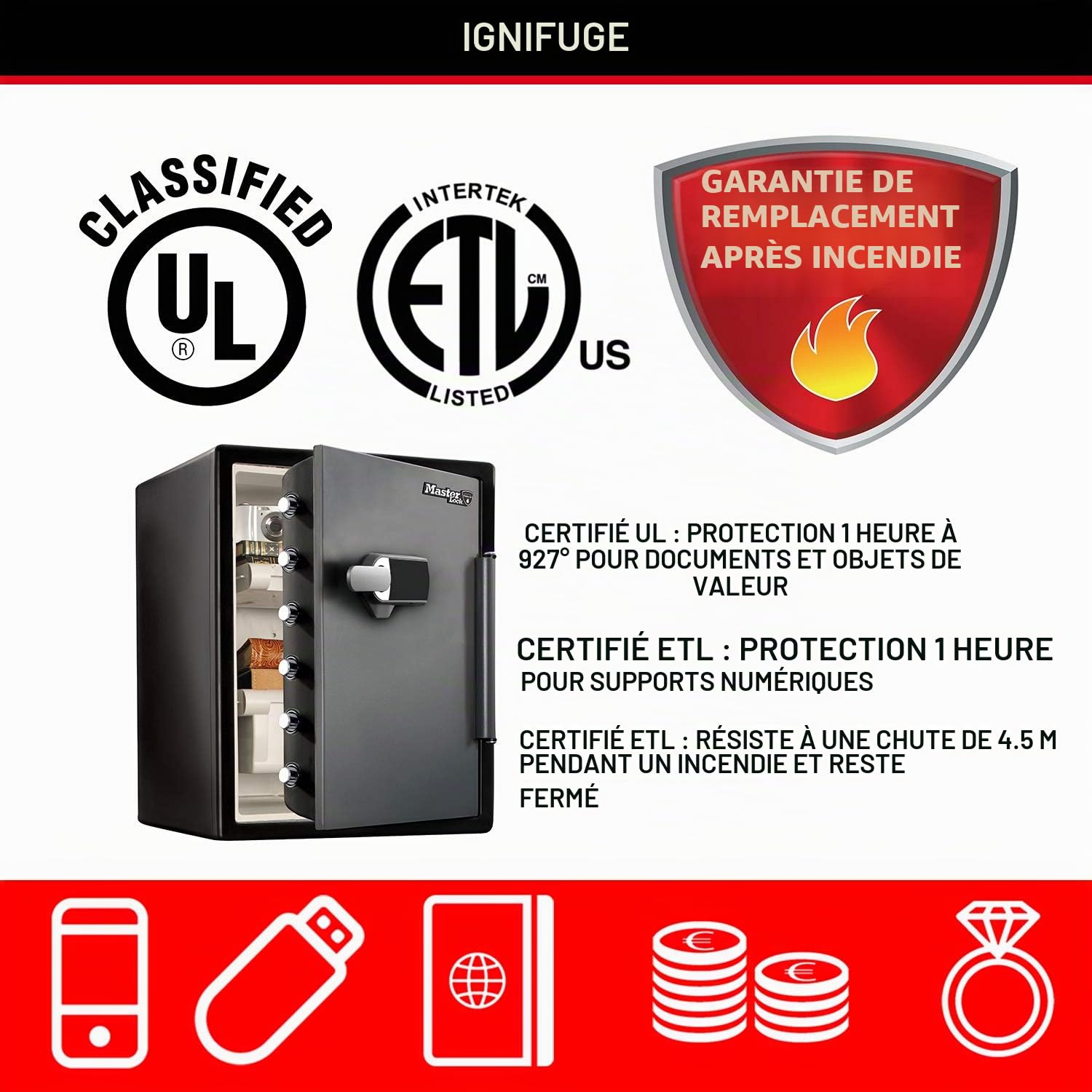 Master Lock Coffre Fort Anti Feu et Etanche à Code et Alarme, triple protection - vol, incendie et inondation, Combinaison Electrique, 56.6L, 60.3 x 47.2 x 49.1 cm