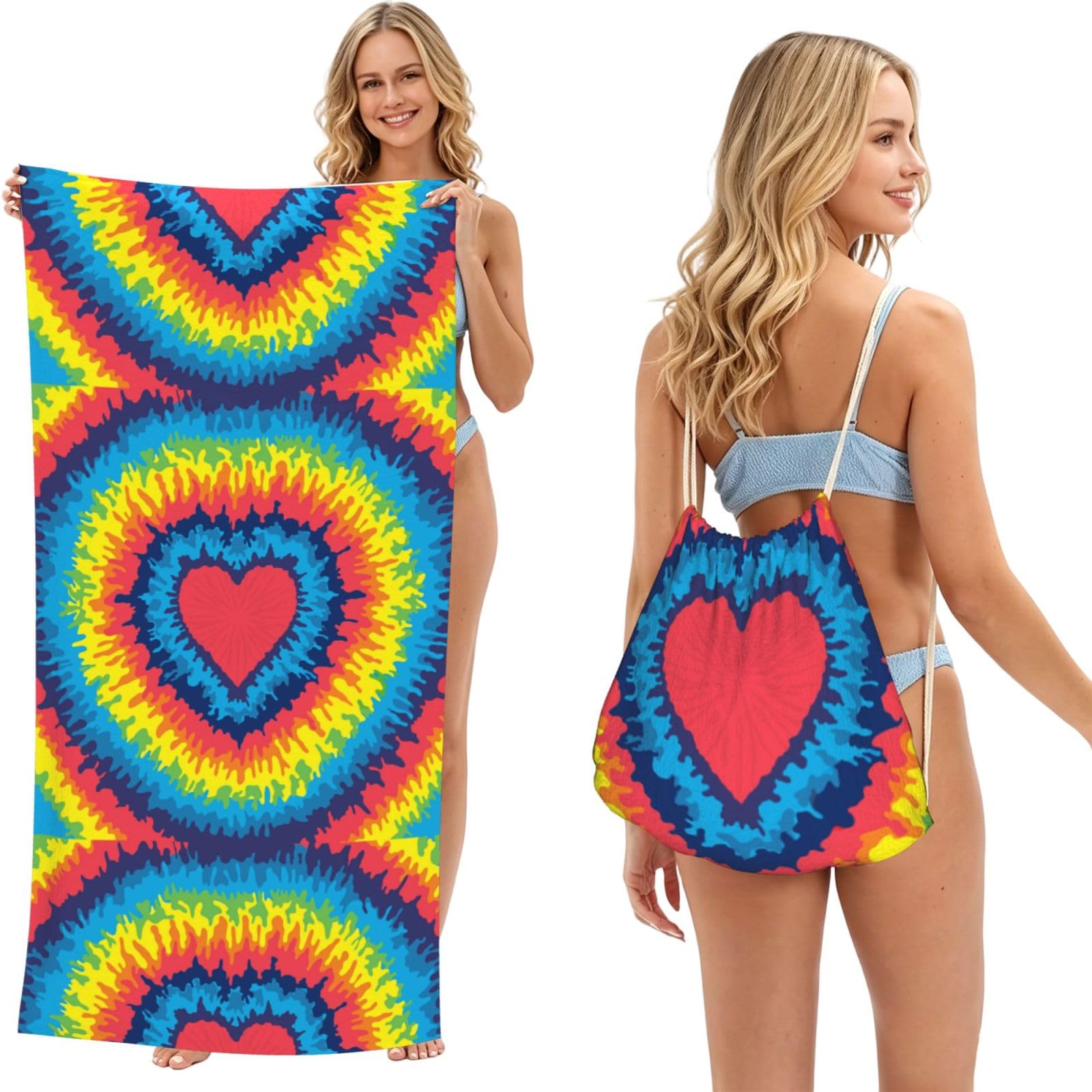 Poadnly As Picture Heart Love Rainbow Tie Dye, 2 In 1 Packable Towel Bag, Beach Towels With Drawstring Backpack For Travel Holiday Camping