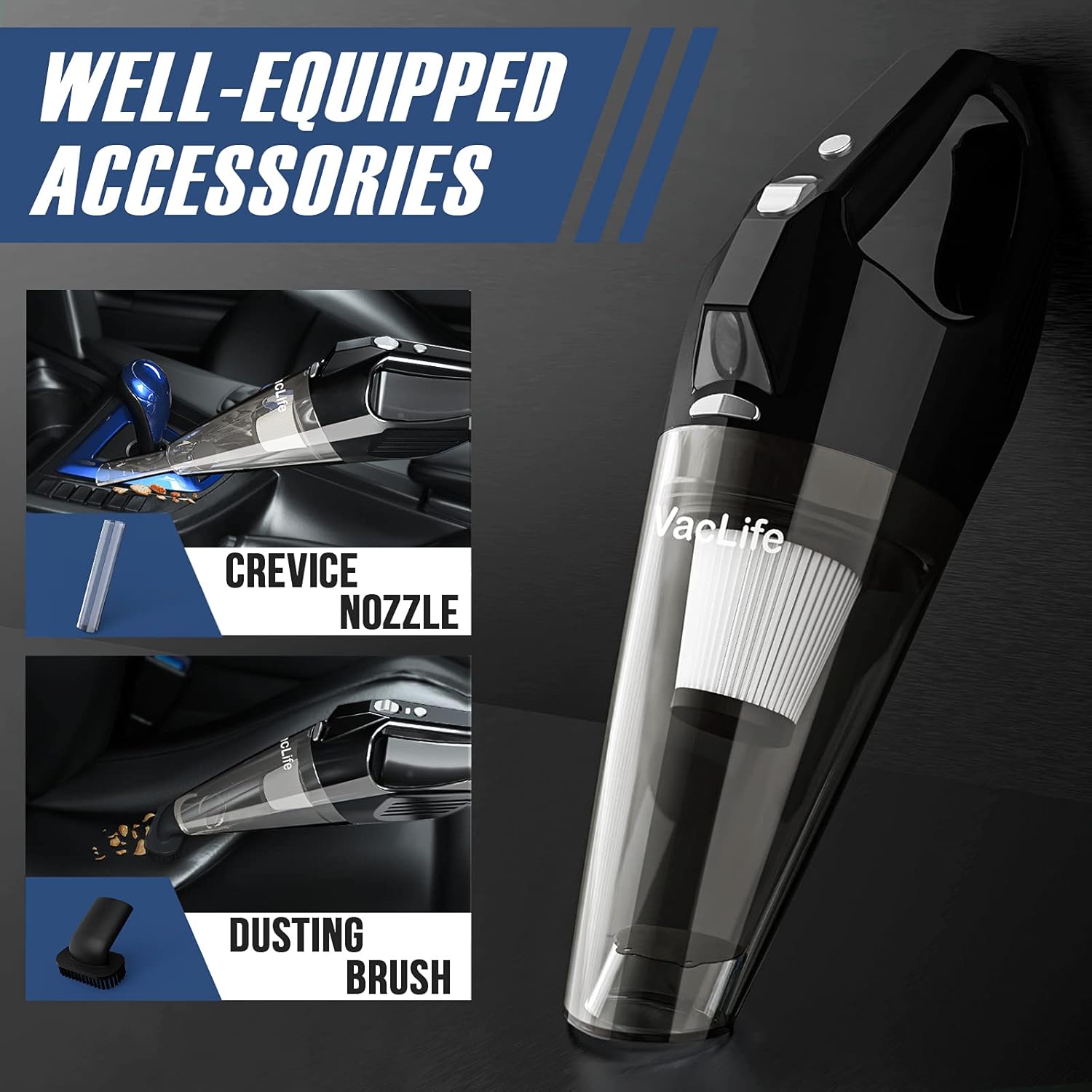 VacLife Handheld Vacuum Cordless, Portable Home & Car Vacuum with Cordless Design, Hand Vacuum Cordless with Rechargeable Battery, Reusable Filter & LED Light, Model: VL756, Silver (VL756) -