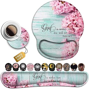 Mouse Pad with Wrist Support, Ergonomic Gel Mouse Pad Beautiful Flowers,Pink Hyacinths on Wood Panel,Non-Slip Durable, Memory Foam Keyboard Wrist Rest, Suitable for Office Typing Games