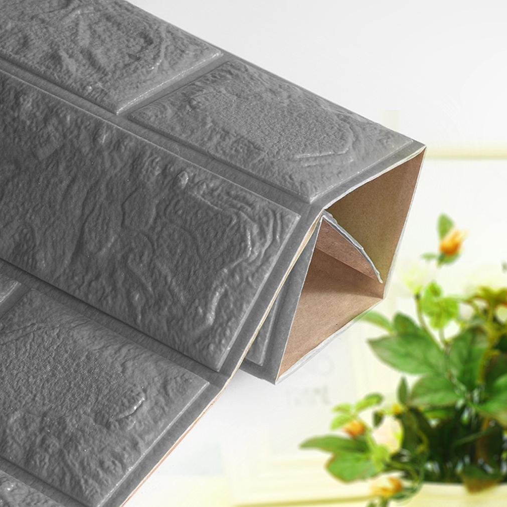 3D Brick Pattern Wall Stickers, PE Foam Self-adhesive Wallpaper Removable and Waterproof Brick Wallpaper for Background TV Bedroom Living Room Decor 60 x 60CM (5PCS, Grey)