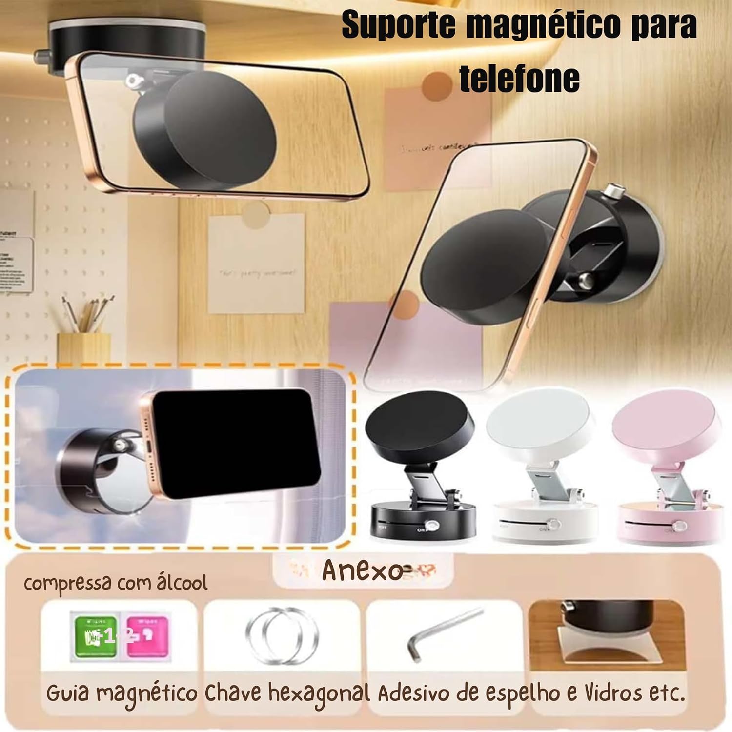 Suporte magnético portátil dobrável para celular, sucção a vácuo ajustável, suporte magnético de dupla face para carro/espelho/academia-IT (Preto) Suporte magnético portátil dobrável para celular, sucção a vácuo ajustável, suporte magnético de dupla face para carro/espelho/academia-IT (Preto)