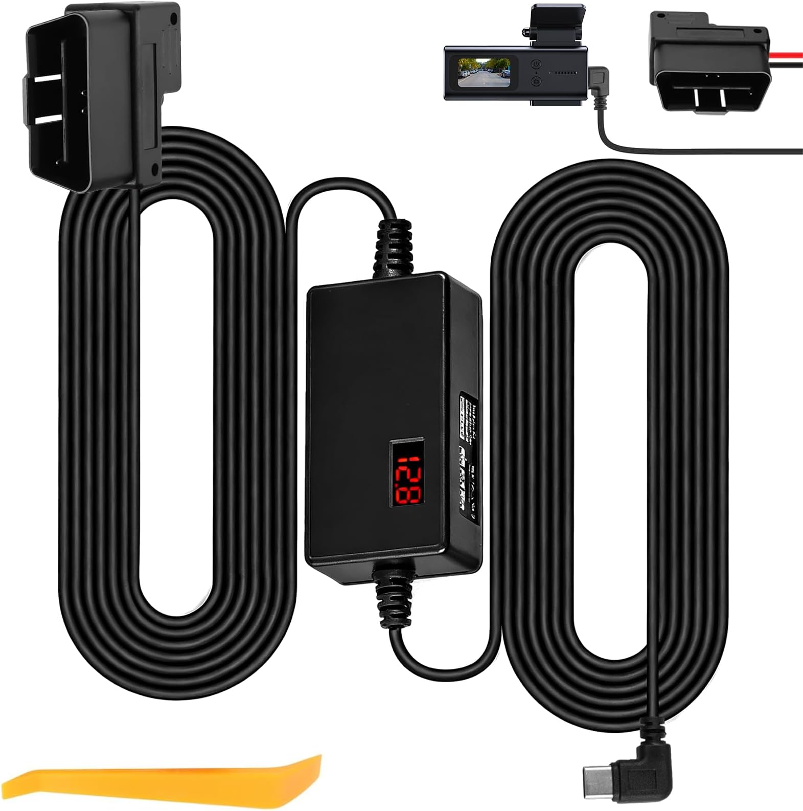 Dash Cam Hardwire Kit, USB C Power Cable Type-C USB Hard Wiring Kit for Dash Camera Cars GPS 12V-24V to 5V Charger Power Cord with LCD Display Low Voltage Protection 24 Hours Parking Surveillance