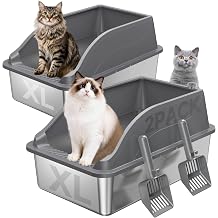 2PACK Stainless Steel Litter Boxes, Extra Large XL Odor Free Metal Litter Box with High Sides, Open Top Litter Pan Include Scoop Easy Cleaning Anti-Scratch Kitty Cat Box Anti-Urine Leakage, Non-Sticky