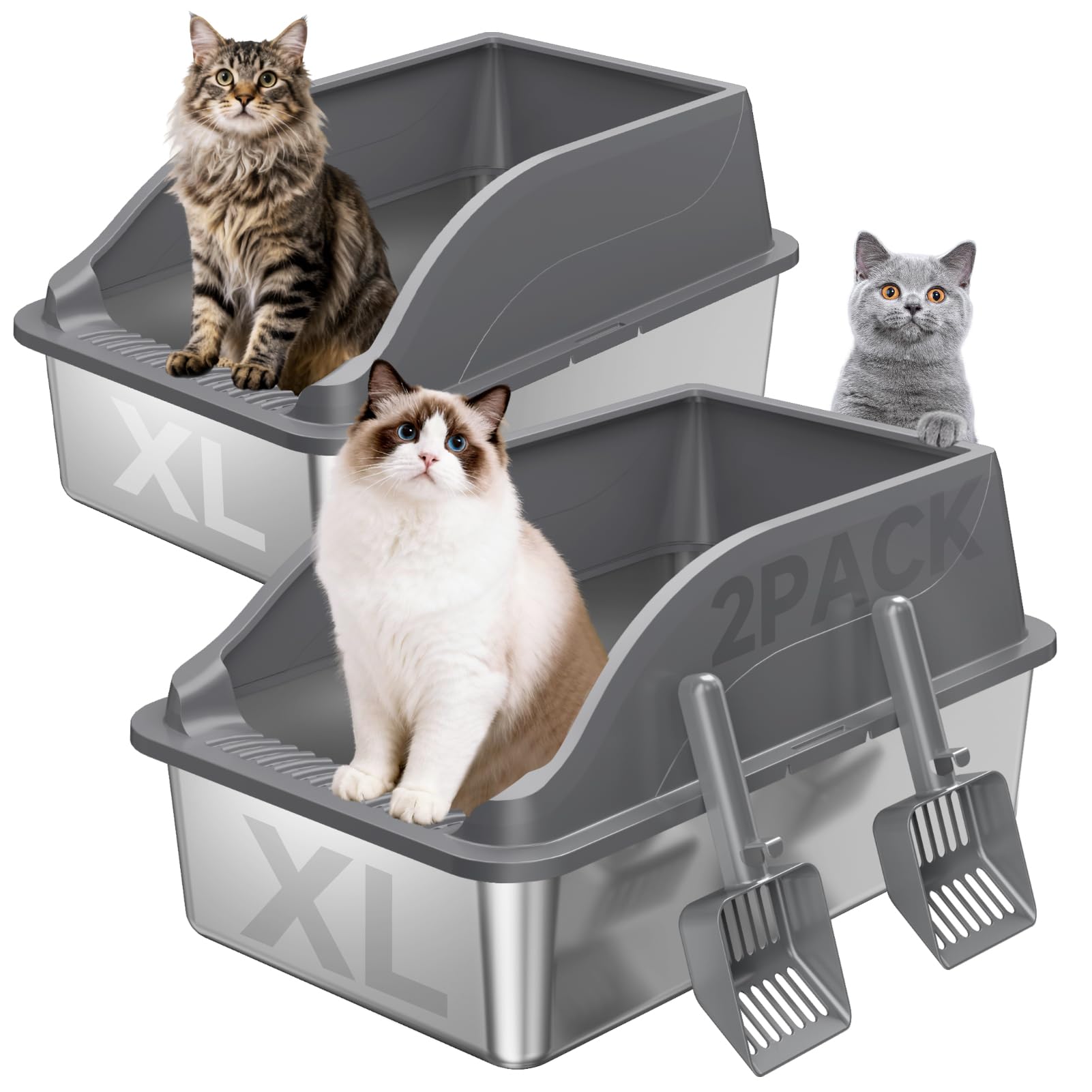 2PACK Stainless Steel Litter Boxes, Extra Large XL Odor Free Metal Litter Box with High Sides, Open Top Litter Pan Include Scoop Easy Cleaning Anti-Scratch Kitty Cat Box Anti-Urine Leakage, Non-Sticky