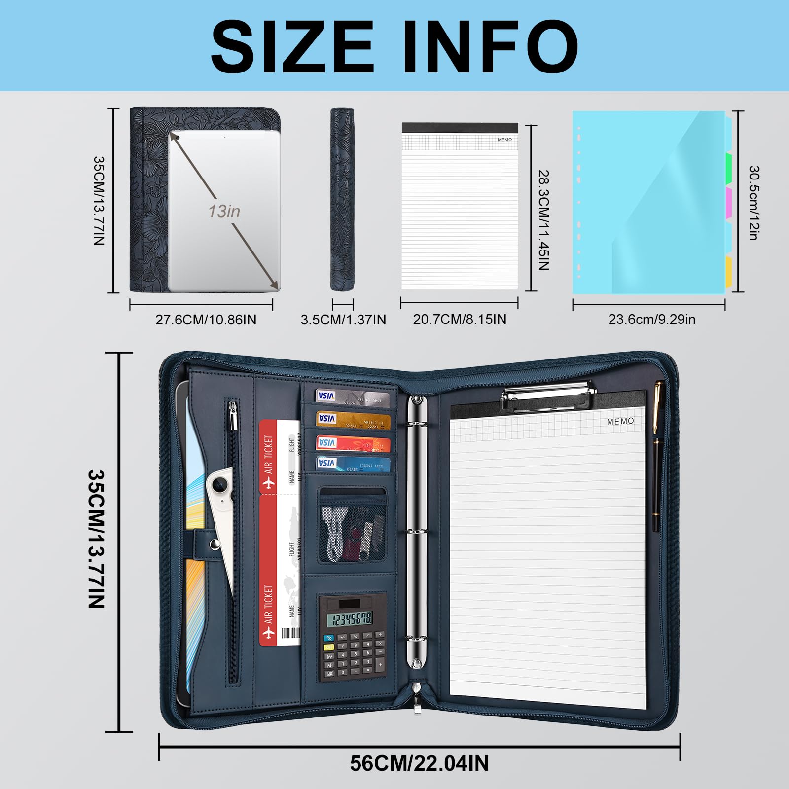 Eshow Portfolio Organizer – Raccoglitore a 3 anelli con cerniera, in pelle vegana, con blocco note, include 5 protezioni per fogli colorati per documenti per uomini e donne