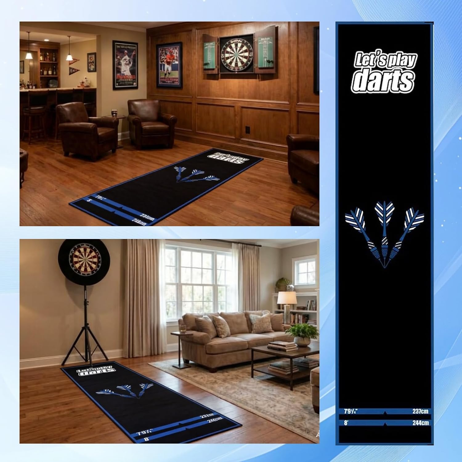 Professional Darts Throw Line Mat 102 x 23.6 Inch, Dual Standard Oche Marked Floor Mat for Steel Tip & Soft Tip Darts, Non-Slip Roll-Up Dart Game Accessory for Home & Tournament Use