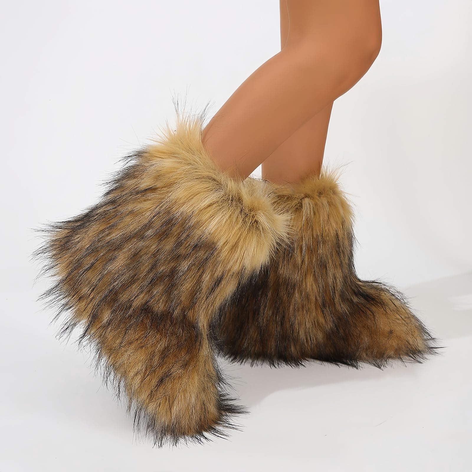 Fuzzy futrzane śniegowce damskie zimowe puszyste buty zamszowe ciepłe do połowy łydki wygodne na zewnątrz płaskie modne buty