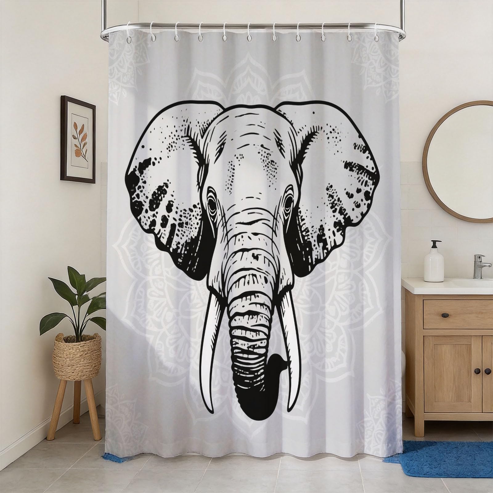 Hongduo 3D Black White Elephant Shower Curtain for Stalls Bathtubs Mandala Bathroom Decor Shower Curtain Set Polyester Fabric Waterproof 180x180cm/71X71 Inch with Hooks
