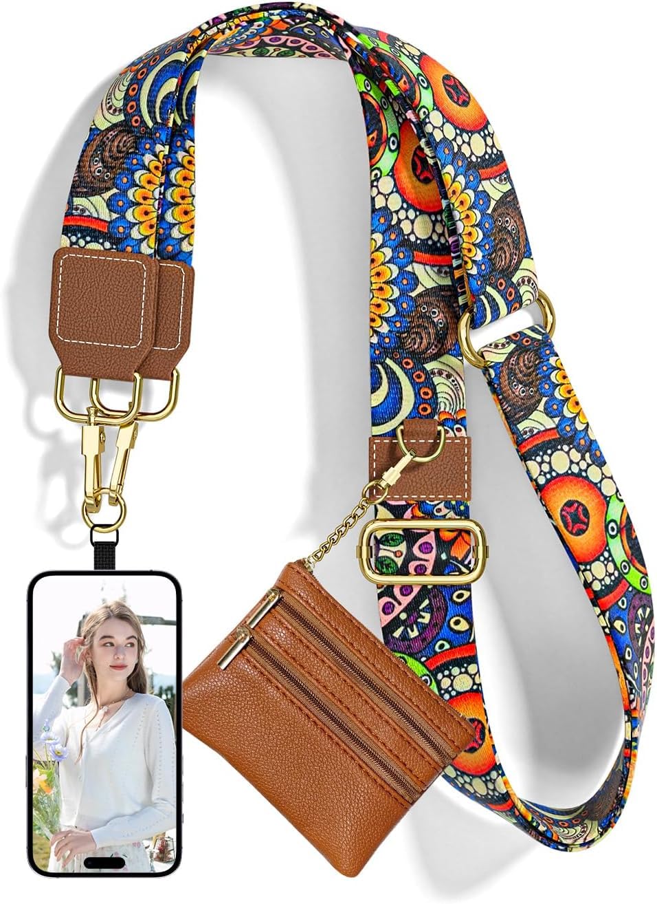 KELVEE Phone Strap with Zippered Pouch, Detachable Clip and Go Strap with Leather Wallet Crossbody Adjustable Chain Lanyard Mobile String for Phones Sling Case, Gift for Women (King Fisher)