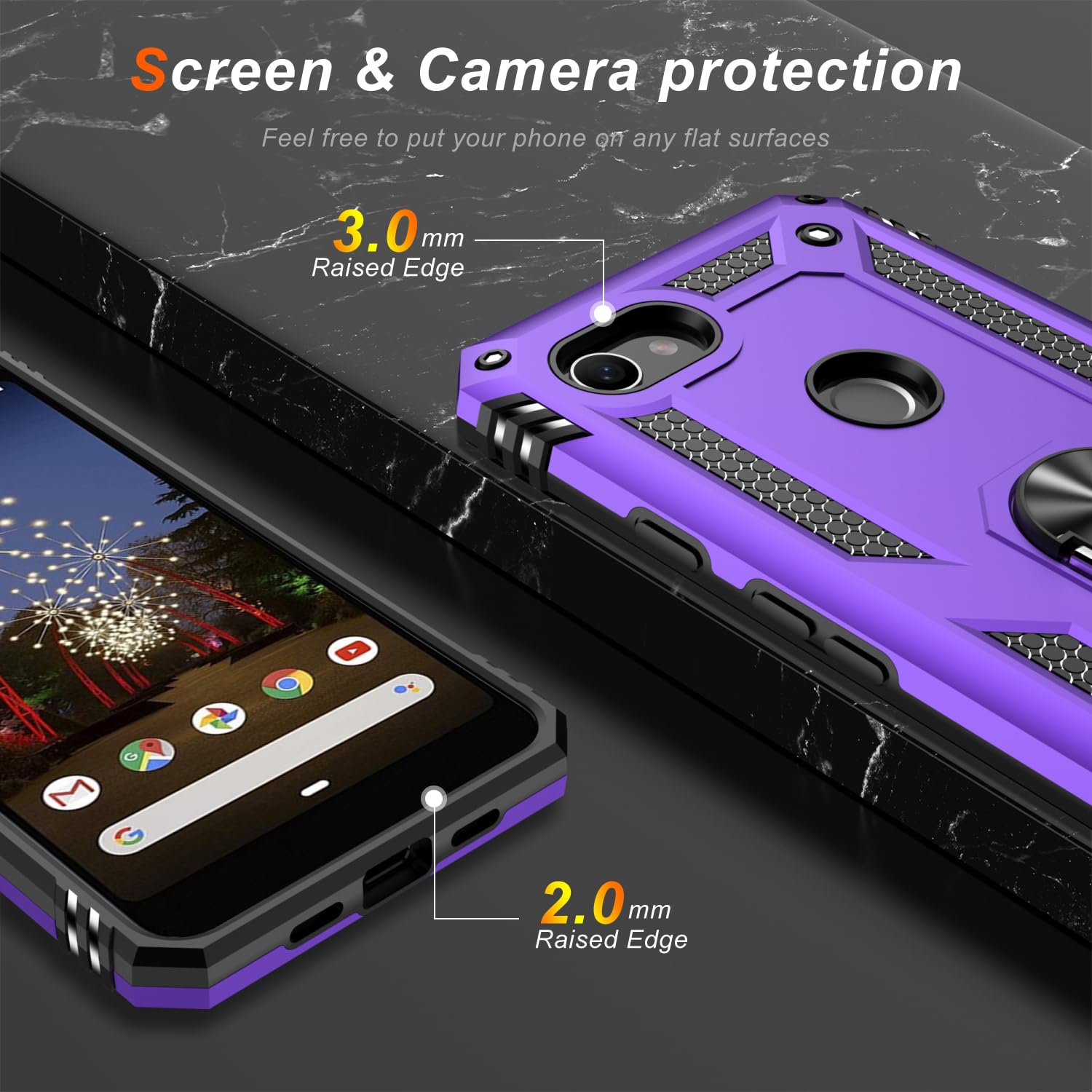 LUMARKE for Google Pixel 3A XL Case with Screen Protector,Pass 16ft. Drop Tested Military Grade Protective Phone Cover with Magnetic Ring Kickstand Compatible with Car Mount Holder Purple