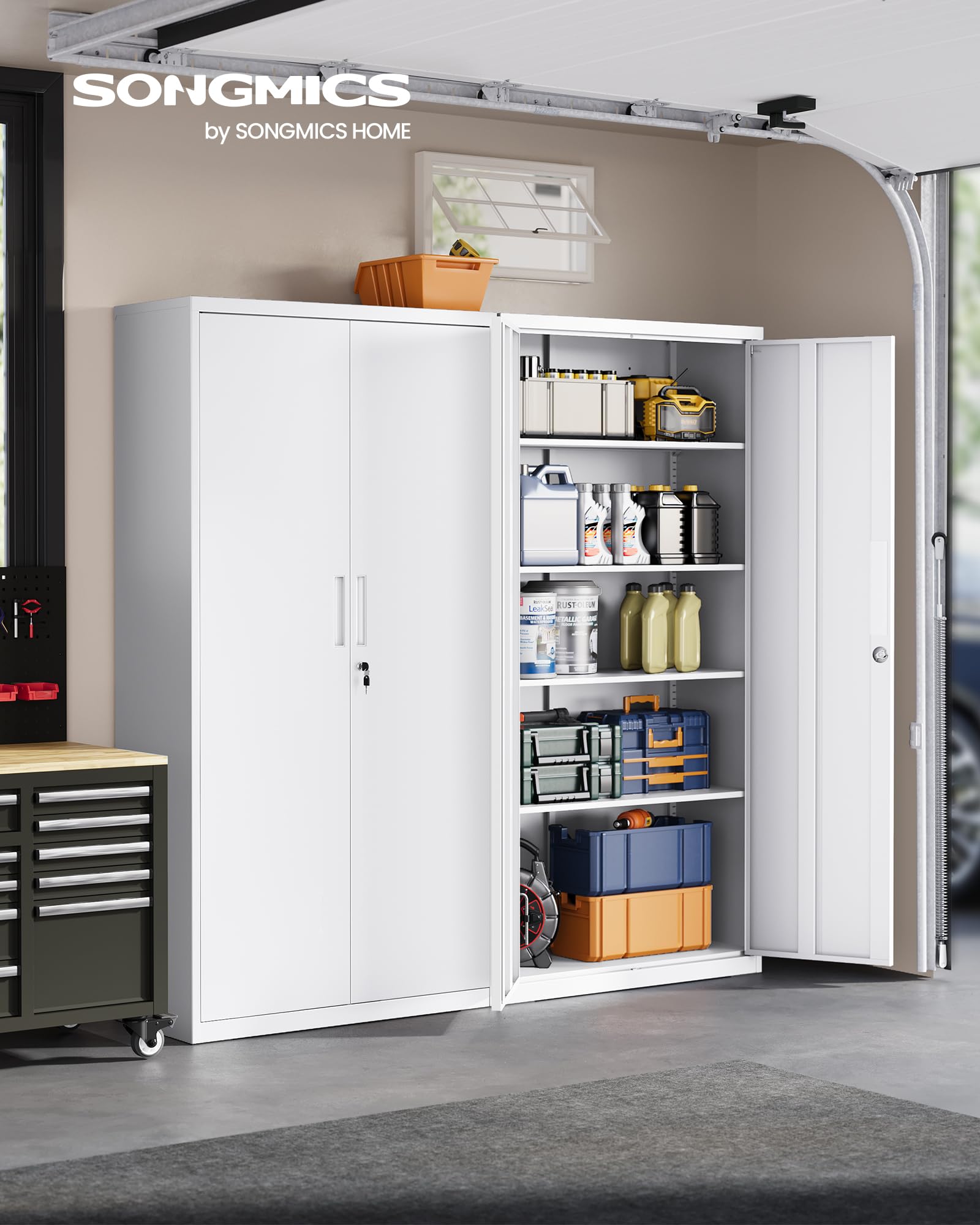 SONGMICS Meuble de Rangement Bureau, en Acier, Placard, 5 Niveaux, 40 x 80 x 180 cm, Doubles Portes, Serrure, Armoire à Outils, Étagères Réglables, pour Garage, Bureau, Blanc Mat OMC015W01