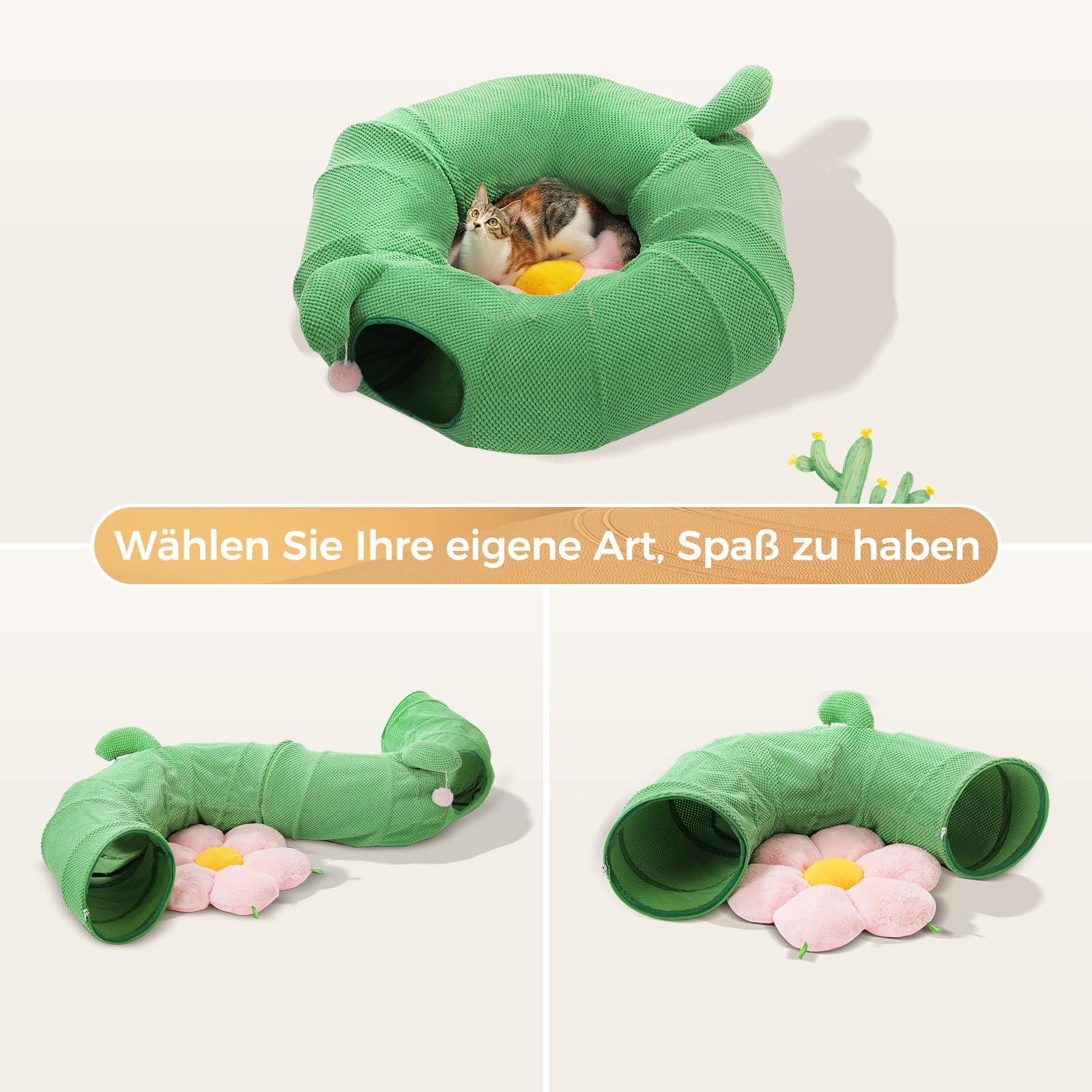 PETEPELA Katzentunnel, Kaktus-Katzen-Donut-Tunnel, zusammenklappbarer Katzentunnel, Durchmesser 90cm mit Blumen-Weichmatte für Wohnungskatzen